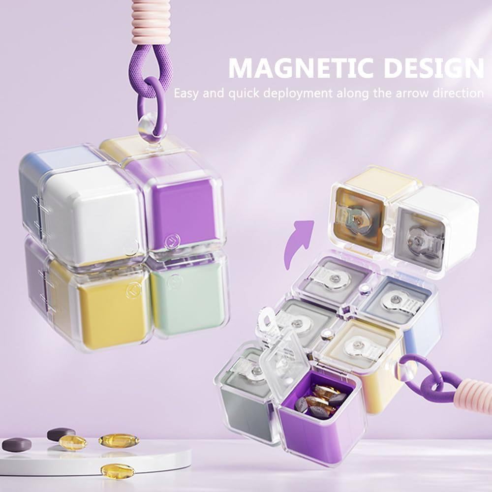 21132 Magnetic Rubik Cube Pill Box Keychain – 8-Compartment Portable Medicine Organizer | Moisture-Proof Mini Travel Pill Holder with Secure Magnetic Lock & Key Ring for Tablets, Fish Oil & Supplements
