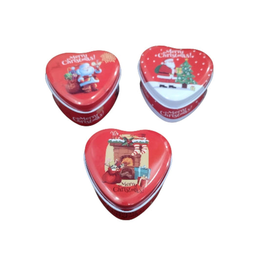 30306 Christmas Heart-Shaped Tin Box, Red Metal Storage Containers with Holiday Designs, Decorative Gift Boxes