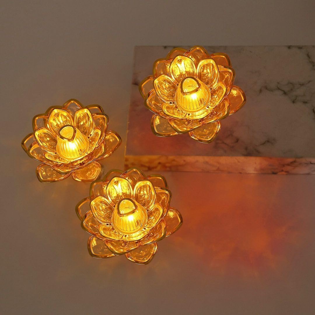 10300 Lotus LED Tea Light Candles | Battery-Operated | Flameless & Smokeless | Multicolor Acrylic Design | Home Décor,Wedding, Festival {Golden}