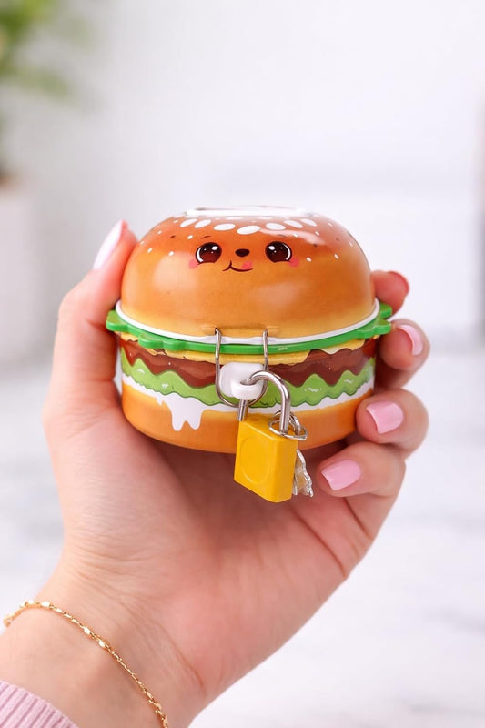 20364 Cute Burger Shape Coin Box with Lock & Key | Cartoon Burger Piggy Bank for Kids | Metal Money Saving Box for Boys & Girls