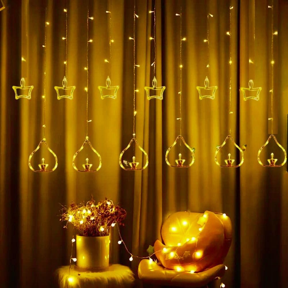 0520 Diya Lights Diwali String Curtain Lights – Warm White Indoor & Outdoor Lights for Home, Wall, Window, Indian Wedding, Garden