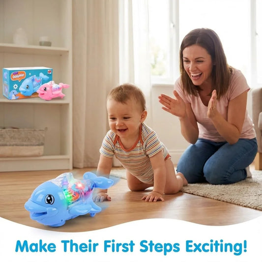 1861-66C Electric Gear Dolphin Toy with Flashing Lights and Music, 360 Degree Rotating Transparent Dolphin Toy, Light and Sound Toys for Children (Multicolour)