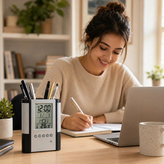 21105 Digital Clock Pen Holder for Smart Desk Setup, LCD Time Calendar Temperature Display & Alarm