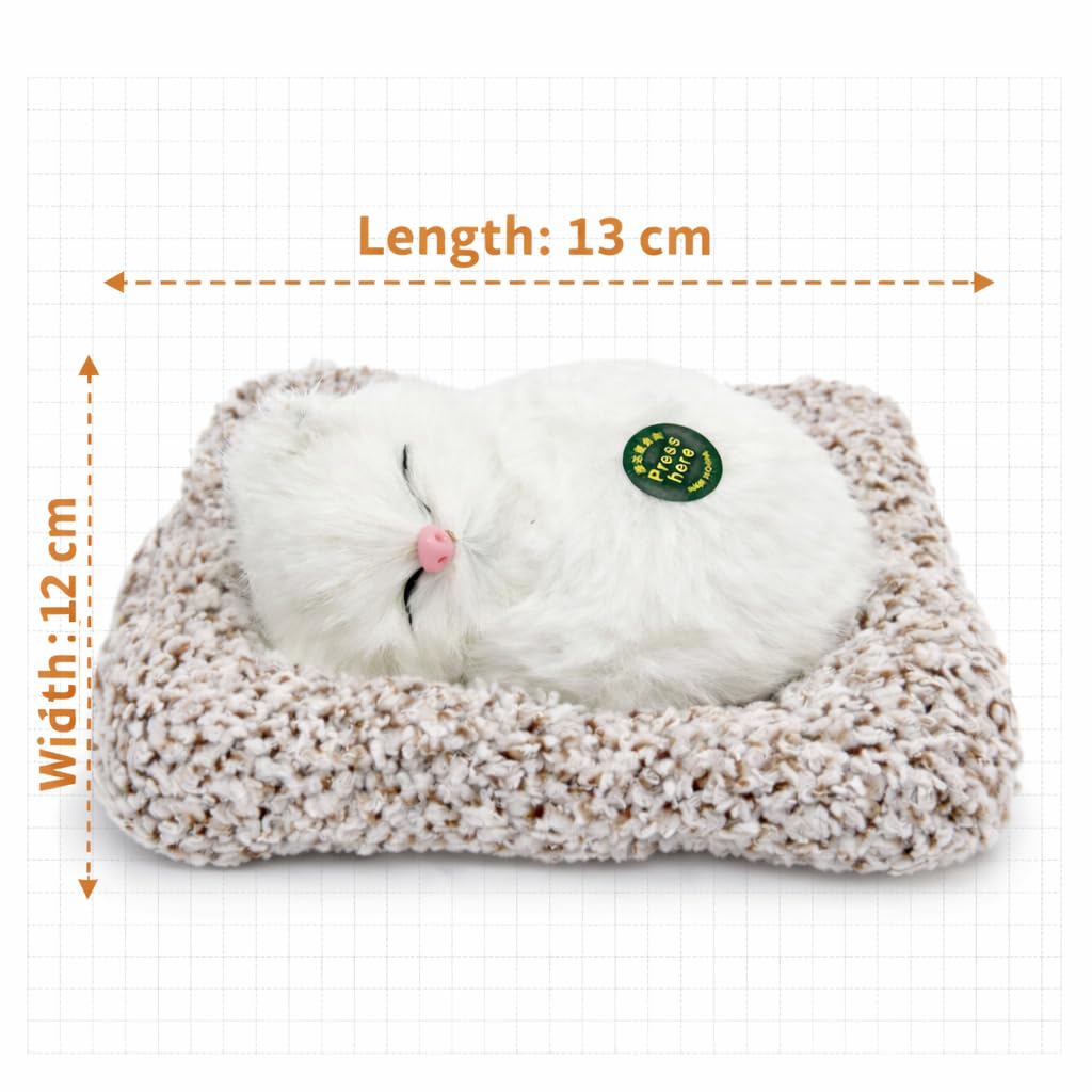 1676 Plush Sleeping Cat Decorative Toy with Pink Nose, White Fluffy Fur, Car Dashboard Display