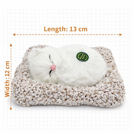 1676 Plush Sleeping Cat Decorative Toy with Pink Nose, White Fluffy Fur, Car Dashboard Display