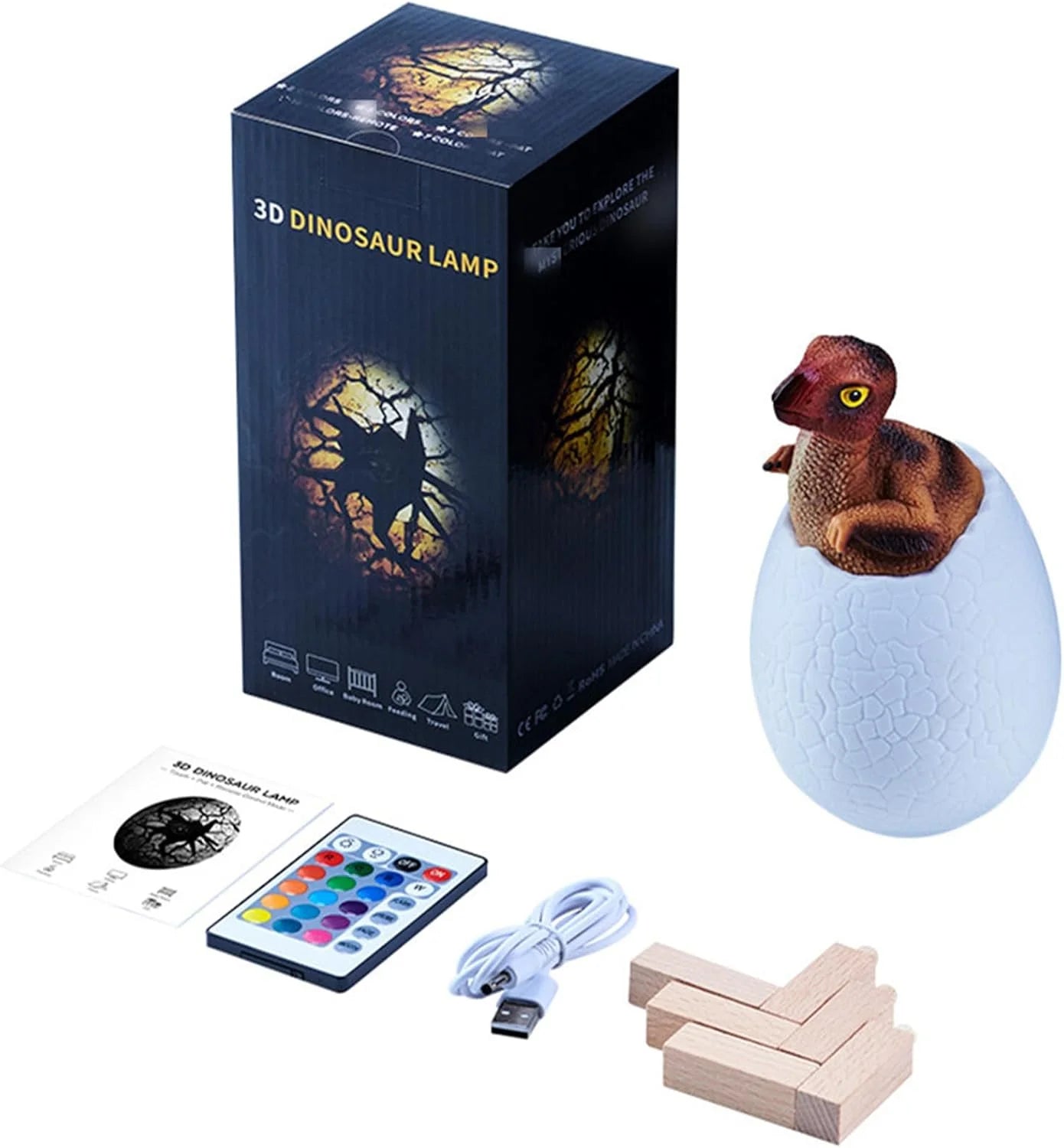 10209 – D Dinosaur Egg Night Light with Wooden Base,Touchable with Remote Control, Multi-color Dinosaur Egg Night Light