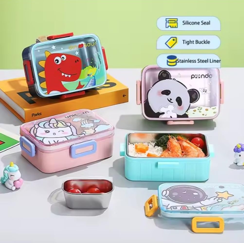 2576 Kids Cartoon Lunch Box – 600ml + 100ml Stainless Steel Tiffin with Extra Bowl | Leakproof, BPA-Free & Cute Designs (Dino, Unicorn, Panda, Space)