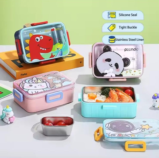 2576 Kids Cartoon Lunch Box – 600ml + 100ml Stainless Steel Tiffin with Extra Bowl | Leakproof, BPA-Free & Cute Designs (Dino, Unicorn, Panda, Space)