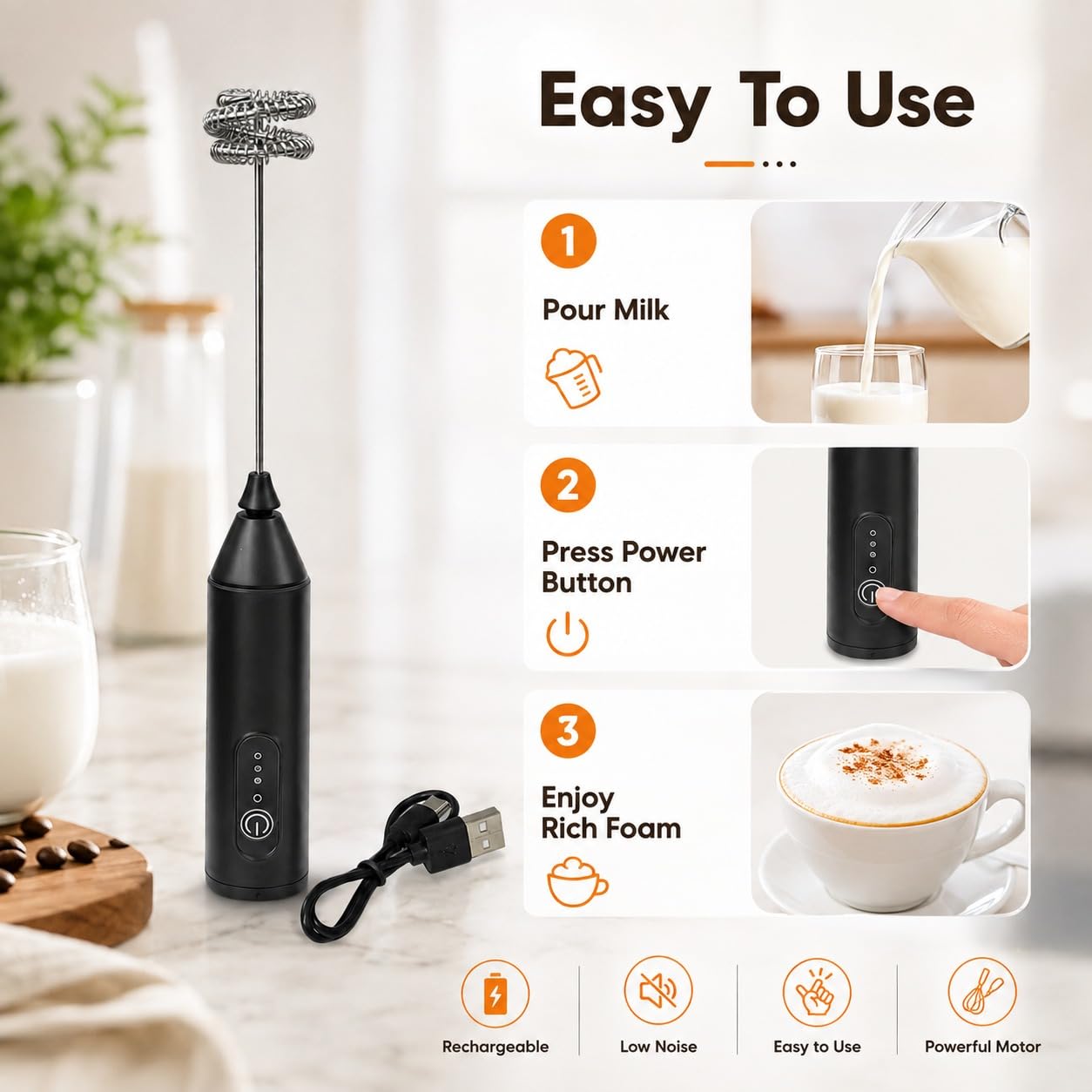 YN-999 Rechargeable Milk Frother, 3-Speed Electric Coffee Beater & Hand Blender with Dual Spring Whisk | Type-C Fast Charging for Latte, Cappuccino & Matcha