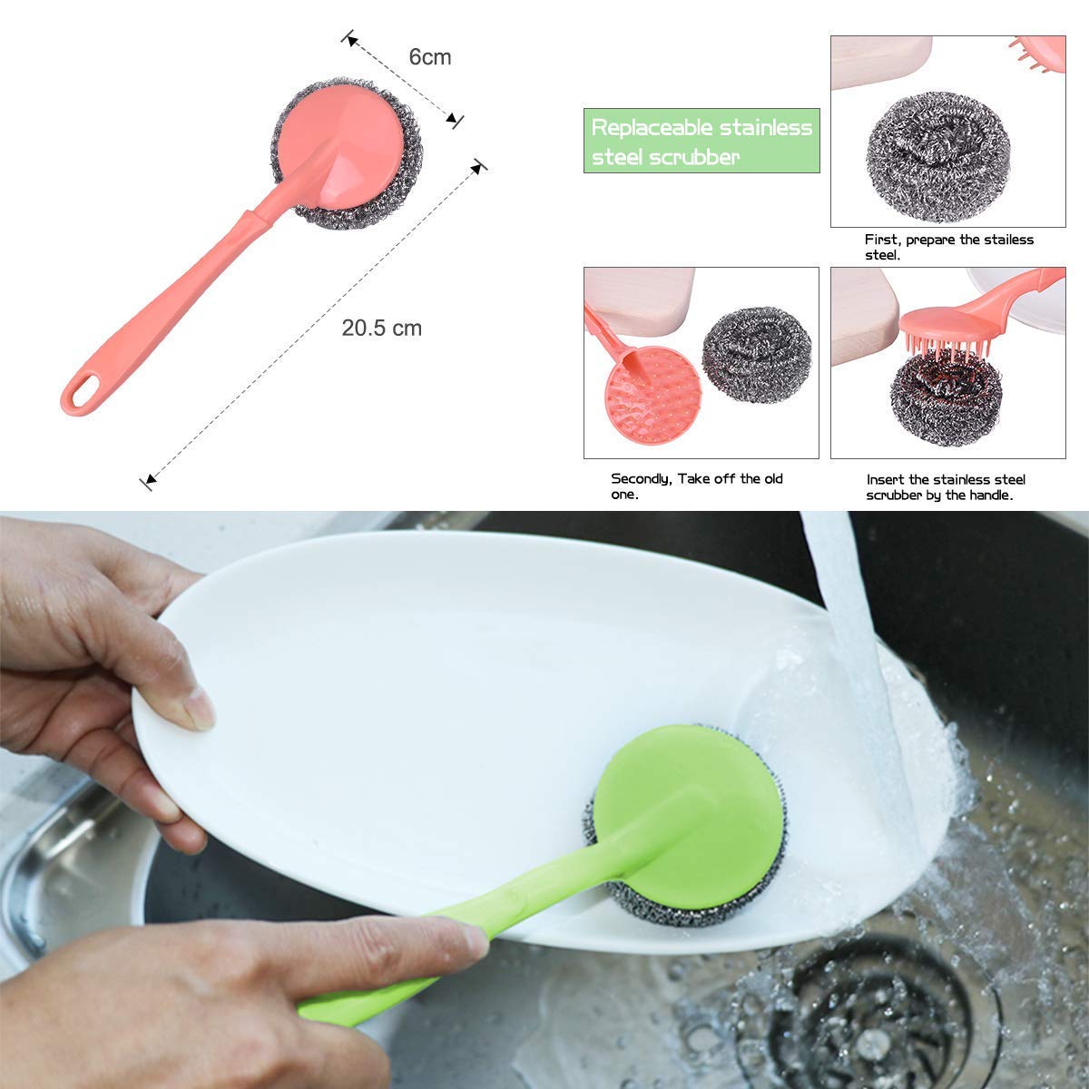 20973 Stainless Steel Scrubbers with Handle - 1 Handles + 3 Scrubber - Cleaning Ball Utensil Metal Scrubber Scouring Pads Ball for Pot, Pan, Dish Wash, Cleaning Rust, Dirty Cleaner {Muticolor}