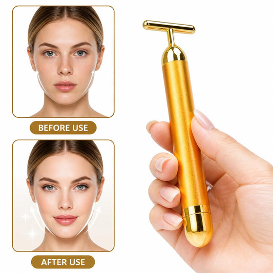 20623  24K Gold Energy Beauty Bar Electric Facial Massager Vibration Face Roller Skin Tightening Anti Aging Tool, Wrinkle Remover for Face Neck Jawline