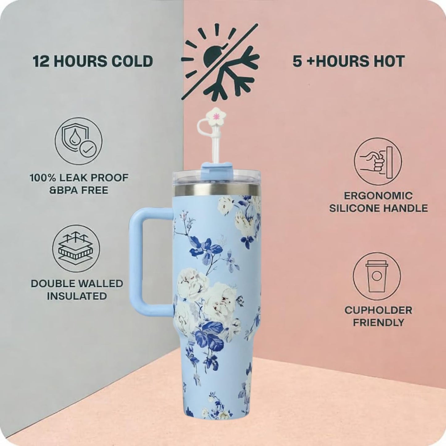 20362 Lucifer Professional 1200 ml Stainless Steel Insulated Tumbler with Handle, Floral Print, Double-Wall Vacuum, Leak-Proof {Multicolor}