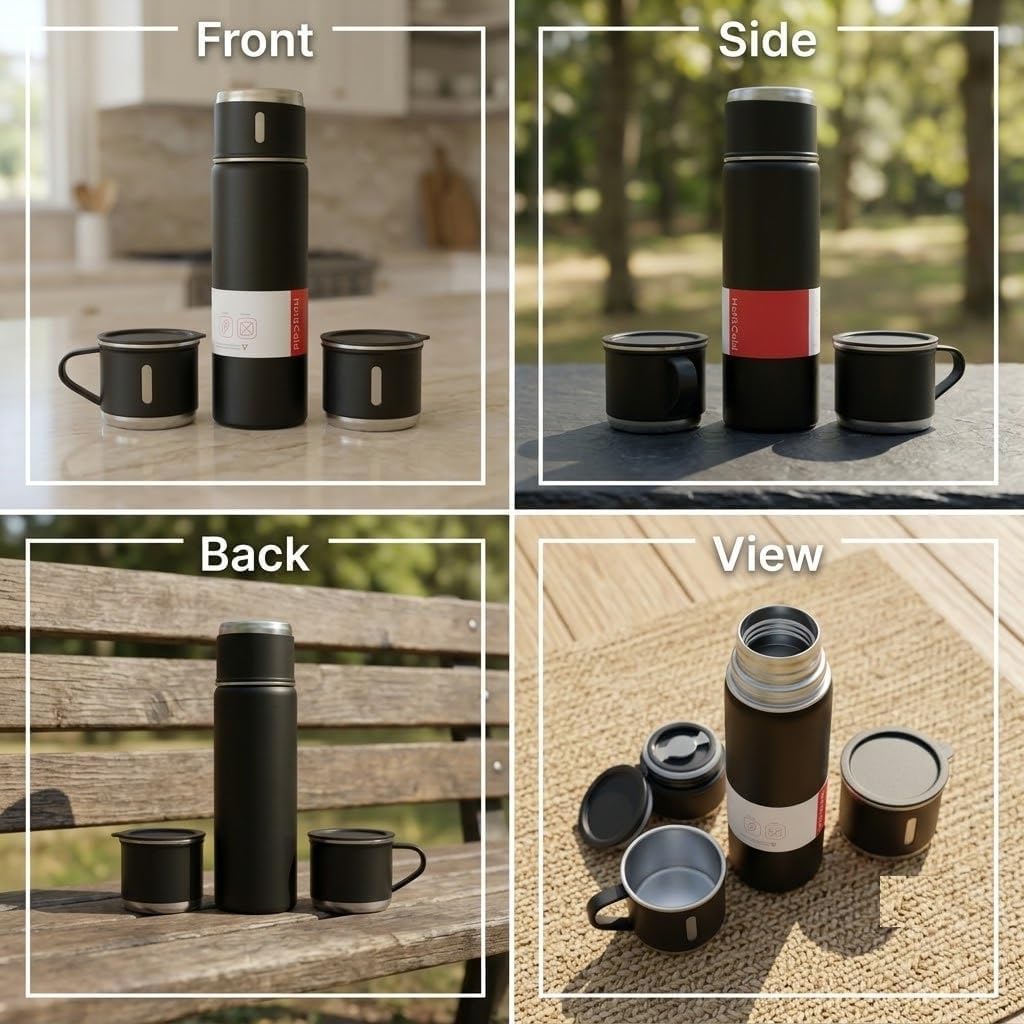 21278 Classic Black 500ml Stainless Steel Vacuum Insulated Thermal Flask with Twin Cups, Leakproof Hot & Cold Water Bottle for Travel, Office & Daily Use