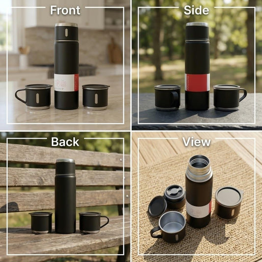 21278 Classic Black 500ml Stainless Steel Vacuum Insulated Thermal Flask with Twin Cups, Leakproof Hot & Cold Water Bottle for Travel, Office & Daily Use