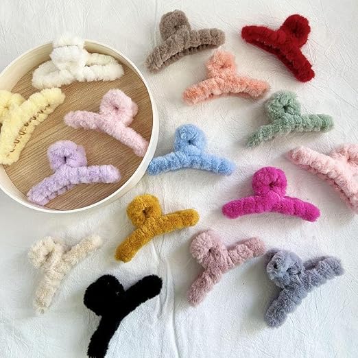 20910 Fur Clutchers For Women & Girls | Fur Plush Claw Clip Set For Women- Furry Clutcher For Hair | Long Hair Clips {Multicolor}