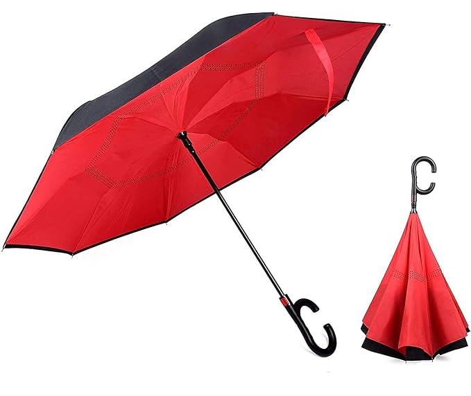 20769 Folding Umbrella with C-Shaped Handle | Inverted Double Layer Windproof Umbrella | Self Standing Drip-Free Design | Waterproof Travel Umbrella for Men & Women {Random color}