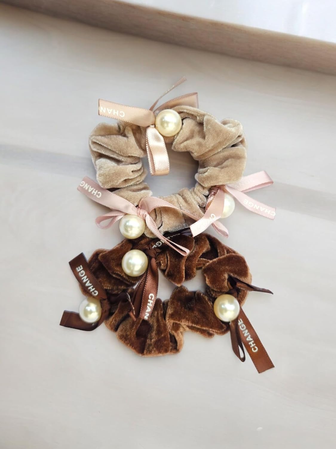 MAYA-606 Korean velvet cute scrunchies, Ponytail band, velvet Rubber hair ties, embelisshed with white pearl & Ribbon for women