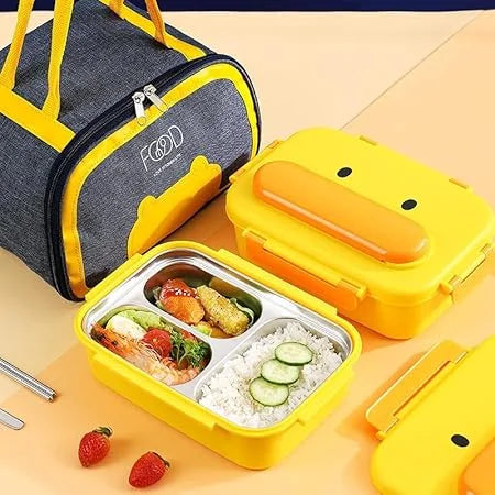 10669 Kids Bento Lunch Box, 316 Stainless Steel, 3-Compartment, Insulated Yellow Duck Design