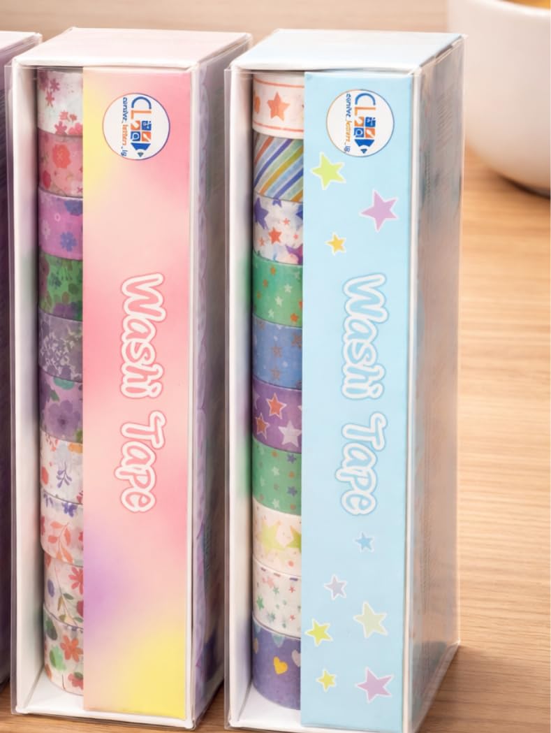 20742 Washi Tape Combo Set (10 Rolls) | Cute Aesthetic Decorative Masking Tape for Journaling, Scrapbooking & DIY Crafts | Floral + Star Designs | 15mm x 2m Each