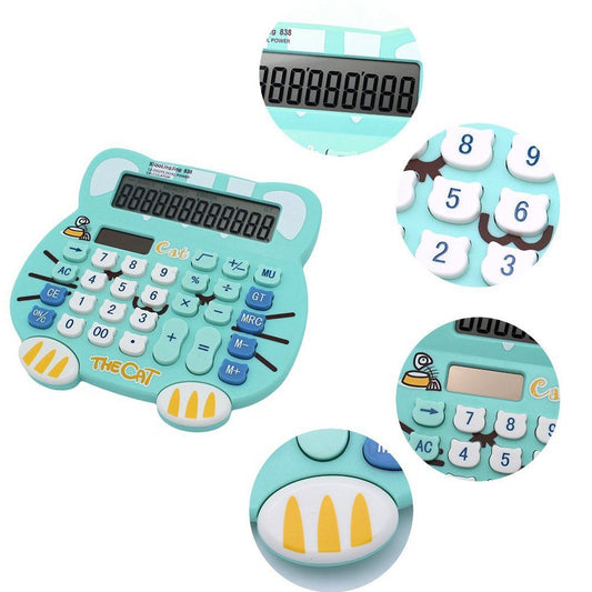 838 Adorable Creative 12 Digits Solar Dual Power Cartoon Cat Shape LCD Display Desktop Calculator with Big Screen {Random Color}