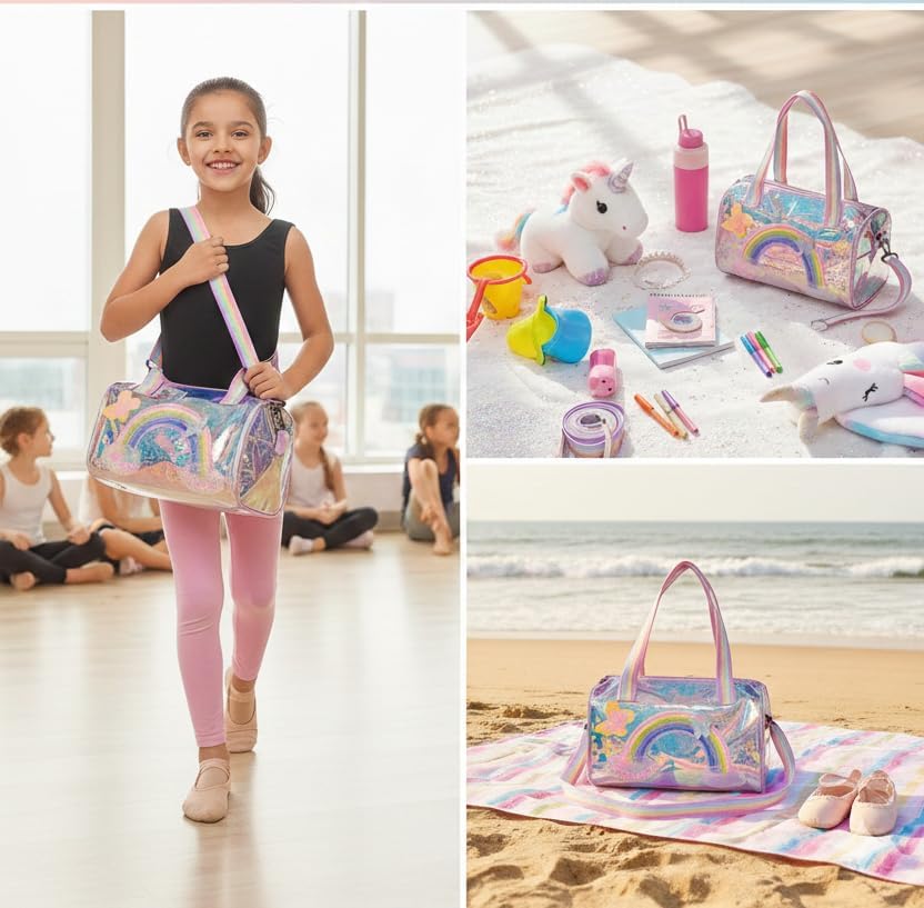 50346 Happy HuesMagical Holographic Duffle Bag for Girls – Trendy Water-Resistant Kids Travel Bag with Rainbow Straps & Butterfly (Rainbow Duffle) { Size-30cm*27cm*26cm*}