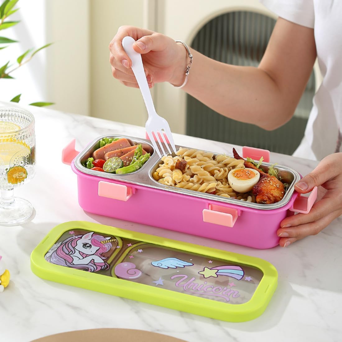 20482 Stainless Steel Kids Lunch Box 2 Compartment 600 ml Purple Astronaut Cartoon Design Tiffin Box with Spoon & Fork for School Leak Proof Resistant BPA Free Boys & Girls {Random Design}