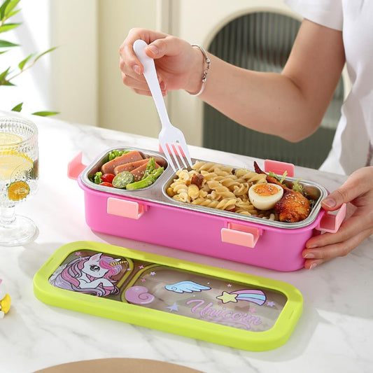 20482 Stainless Steel Kids Lunch Box 2 Compartment 600 ml Purple Astronaut Cartoon Design Tiffin Box with Spoon & Fork for School Leak Proof Resistant BPA Free Boys & Girls {Random Design}