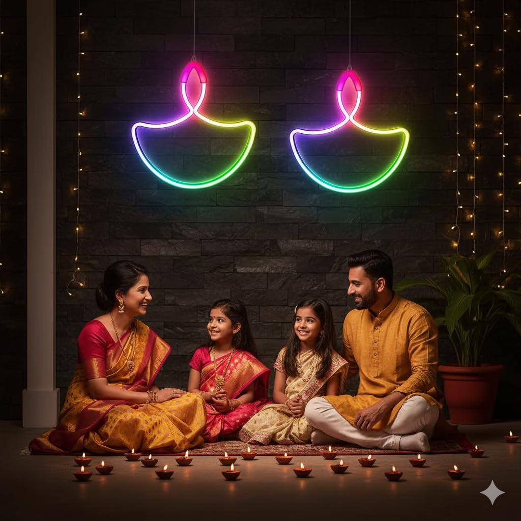 21207 TechPride Neon LED Diya Light, Multicolor, Pack of 2 | Hanging Decorative Lights for Diwali, Festival, Home & Temple Décor Diya
