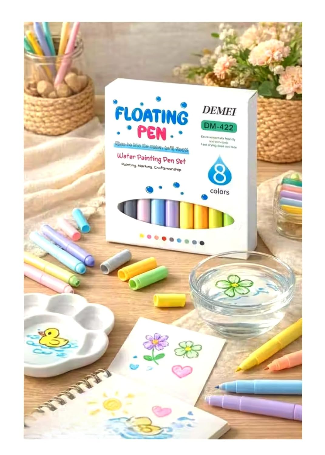 DM-422 Floating Pen Set, 8 Colors Erasable Glass Whiteboard Markers, Water Floating Multicolor Fine Writing Instruments for Crafts & Art