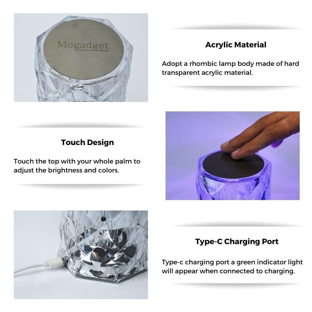 20171 Color Changing Rose Crystal Diamond Table Lamp,USB Rechargeable Touch Bedside Lamp Night Light with Remote Control