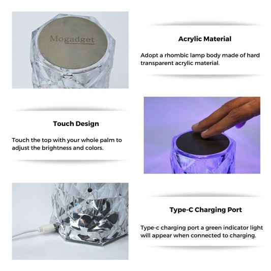 20171 Color Changing Rose Crystal Diamond Table Lamp,USB Rechargeable Touch Bedside Lamp Night Light with Remote Control