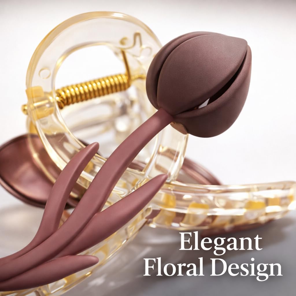 20962 {pack of 12} Floral Hair Claw Clip for Women, Transparent Acrylic Clutcher with Strong Grip, Matte Tulip Design