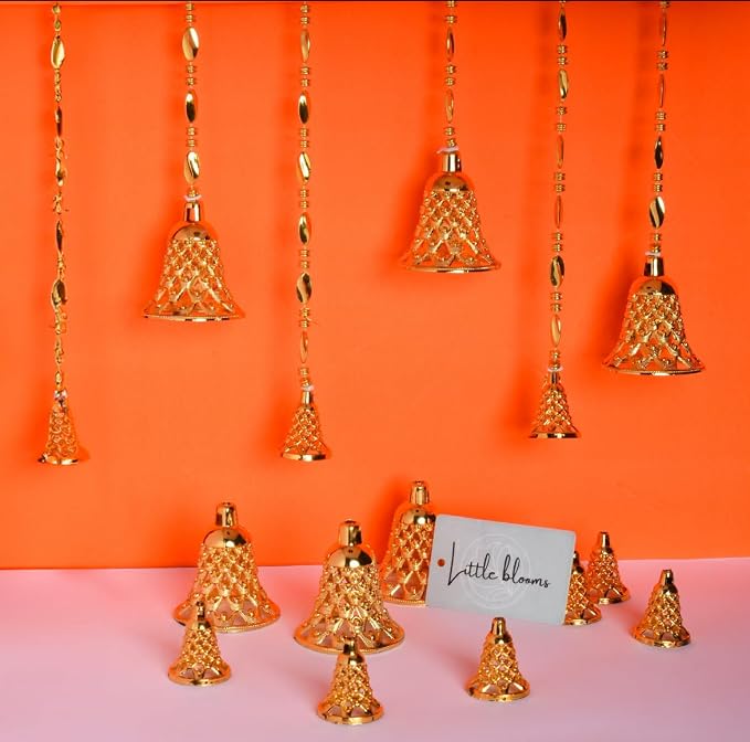 21072 Little Blooms 100-pcs Golden Plastic Hanging Bells for Home Decoration - Small Bells for Decoration Hanging - DIY Craft Decoration Bell Set 1.75 Inch