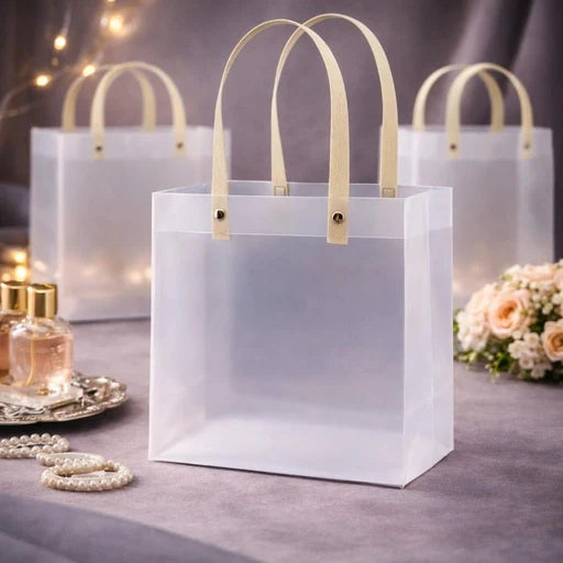 20946 {Pack of 12} Translucent Gift Bags with Golden Handle|Gift Bags for Wedding Christmas Valentine Day Birthday Anniversary Party Return Gift
