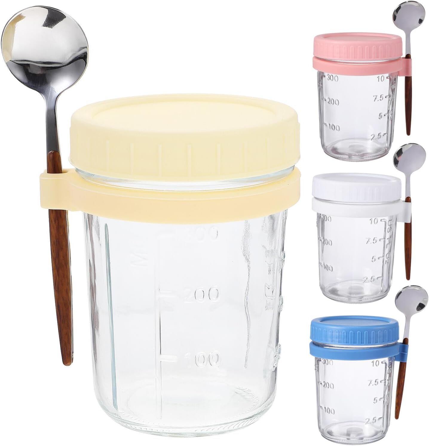 20128 Glass Oatmeal Overnight Cups with Airtight Lids and Spoons Leakproof Wide Mouth Food Storage Containers {Multicolor}