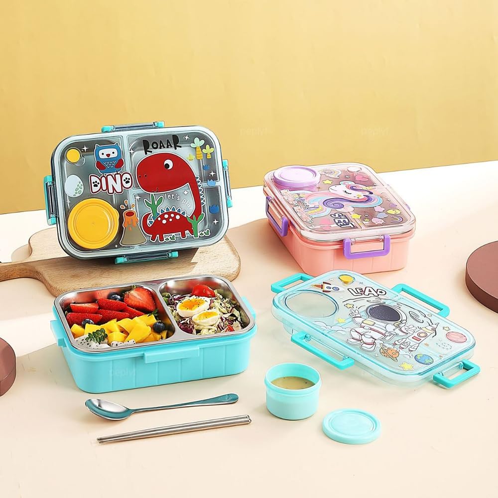 10554  3 Grid Lunch box for Kids | Stainless Steel | Leakproof | 750ml (Random Design)