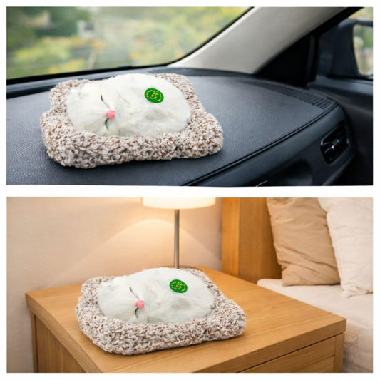 1676 Plush Sleeping Cat Decorative Toy with Pink Nose, White Fluffy Fur, Car Dashboard Display