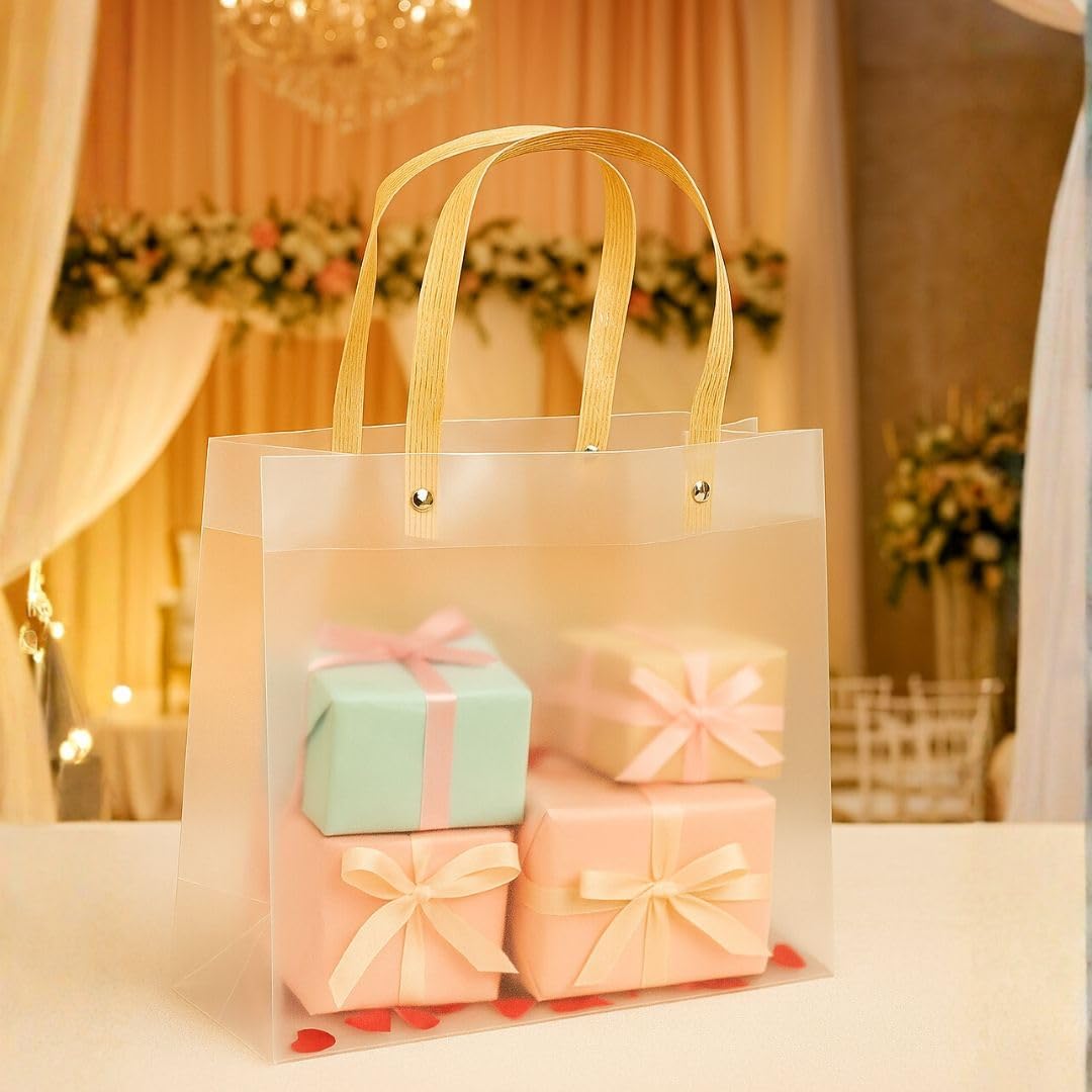 20946 {Pack of 12} Translucent Gift Bags with Golden Handle|Gift Bags for Wedding Christmas Valentine Day Birthday Anniversary Party Return Gift