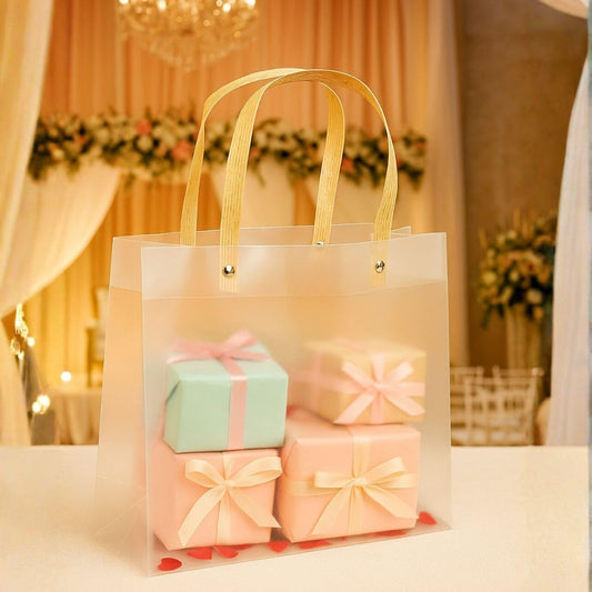 20946 {Pack of 12} Translucent Gift Bags with Golden Handle|Gift Bags for Wedding Christmas Valentine Day Birthday Anniversary Party Return Gift