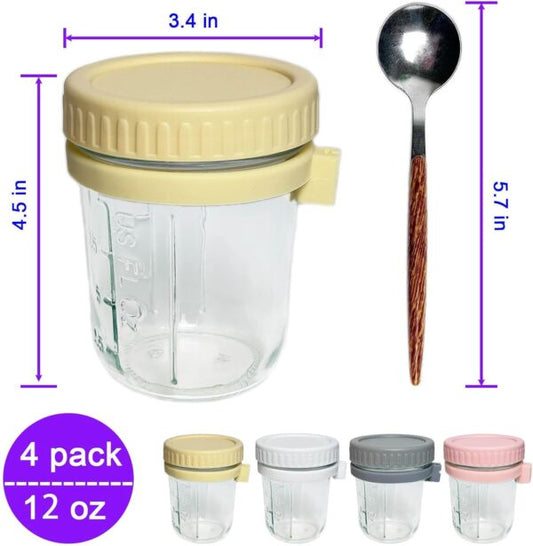 20128 Glass Oatmeal Overnight Cups with Airtight Lids and Spoons Leakproof Wide Mouth Food Storage Containers {Multicolor}