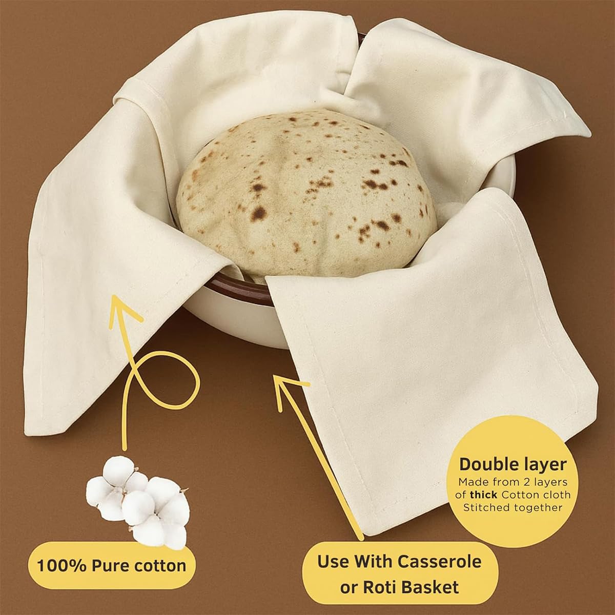 11042 Cotton Double Layer Roti Wrap With Flaps – Muslin Cloth For Chapati And Hot Case Kitchen – Roti Cloth,Beige