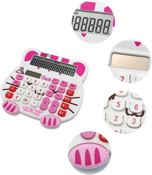 838 Adorable Creative 12 Digits Solar Dual Power Cartoon Cat Shape LCD Display Desktop Calculator with Big Screen {Random Color}