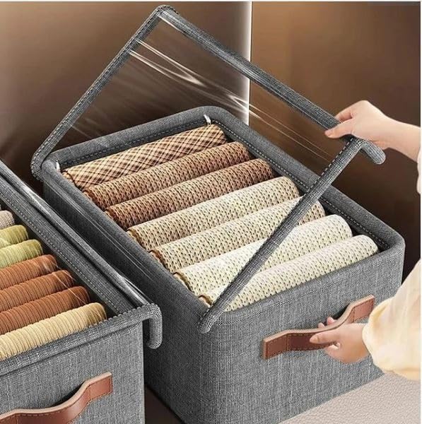 21093  Fabric Cloth Wardrobe Storage Organizer Box with Lid Handles Foldable Metal Frame with Rectangular Shelf Cloth Storage for Pants, Jeans, and Sweaters Size:47 x 28 x 20cm