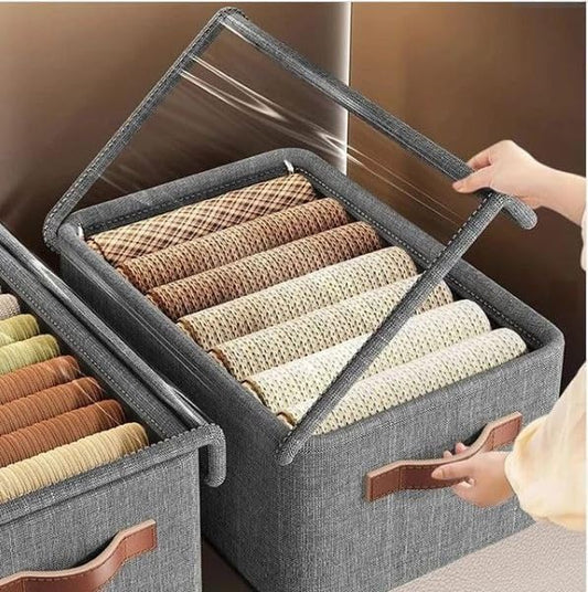 21093  Fabric Cloth Wardrobe Storage Organizer Box with Lid Handles Foldable Metal Frame with Rectangular Shelf Cloth Storage for Pants, Jeans, and Sweaters Size:47 x 28 x 20cm