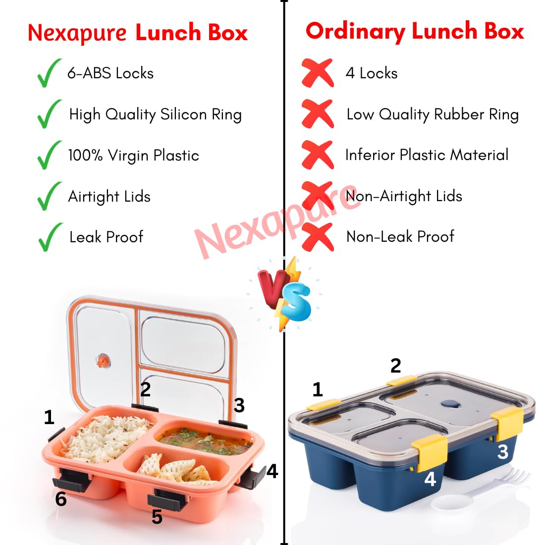 10512 3 Compartment Transparent Lid Tiffin Lunch Box | Silicone Seal Ring | For Kids And Adults Office Women And Men