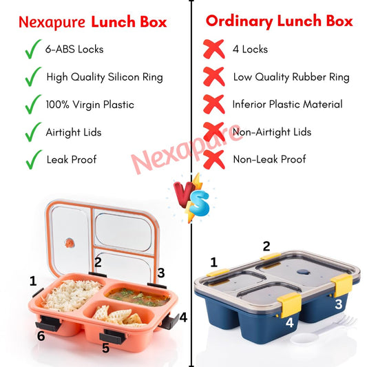 10512 3 Compartment Transparent Lid Tiffin Lunch Box | Silicone Seal Ring | For Kids And Adults Office Women And Men