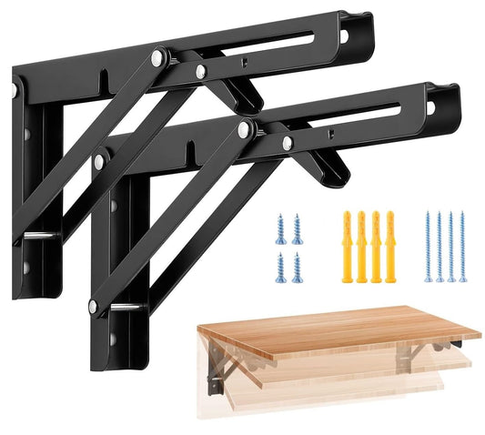 20444 Sturdy Folding Shelf Brackets - Heavy Duty Black Metal Triangle Table Bench Folding Shelf Bracket 20 CM, 2 Pcs Folding Shelf Hinge Wall Mounted