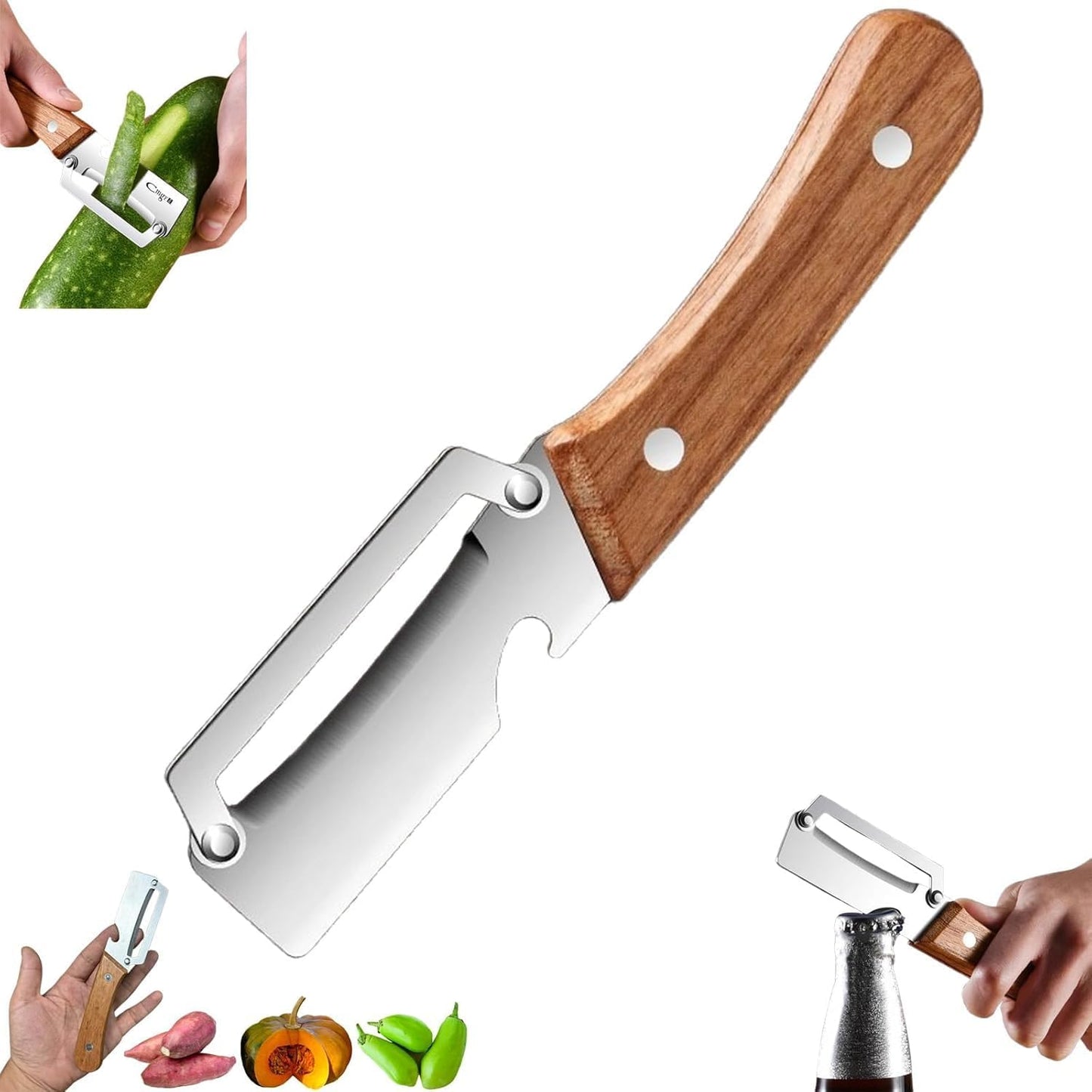 20796 Multi-Functional Vegetable Peeler for Kitchen, Stainless Steel Peeler with Wooden Handle and Bottle Opener, Single Blade Peelers Tool, Suitable for Vegetables or Fruits (3 in 1 Fruit Peeler)