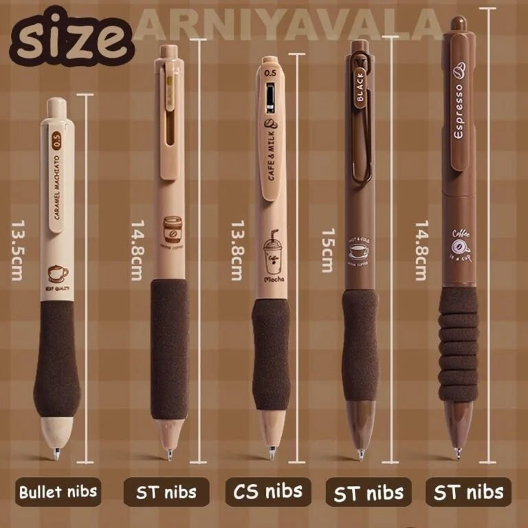 CK-PE-13 Coffee Gel Pens for Writing, 5 Pcs, Comfortable Grip, Smooth Writing, Kawaii Pens