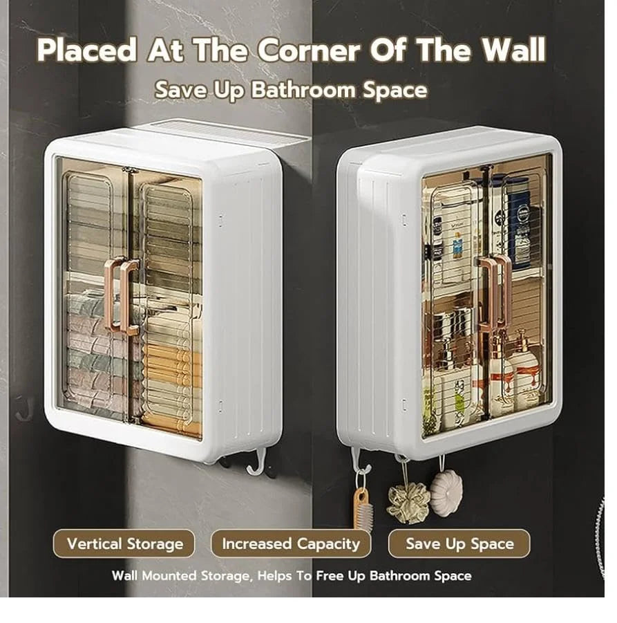 10767 Wall Mounted Bathroom Storage Cabinet with 5 Hooks | Double Door Medicine Cabinet | Waterproof Wall Shelf for Cosmetics & Toiletries